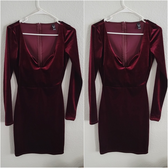 Velvet Vixen Long Sleeve Mini Dress in Red /Burgundy - Picture 2 of 6